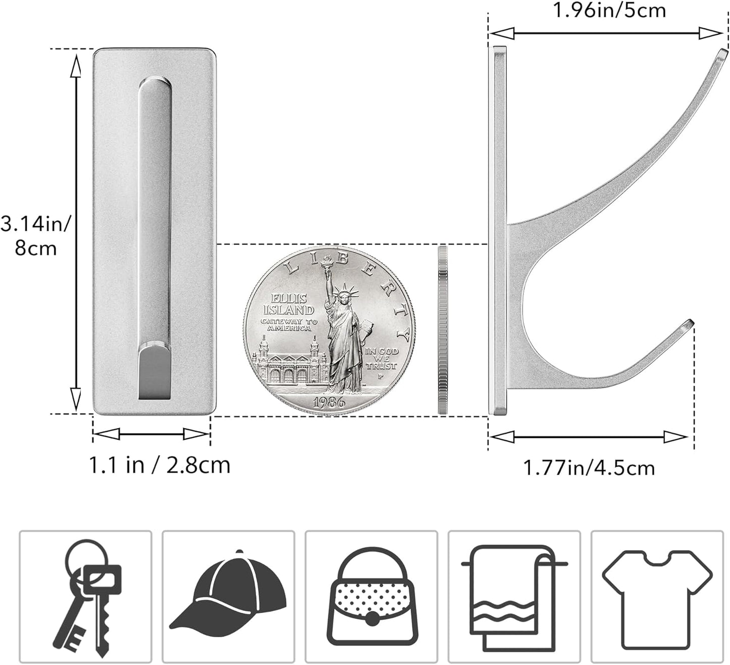 Self-Adhesive Coat Hooks for Hanging - Heavy Duty Stainless Double Wall Hook for Towel, Backpack, Hat, Sturdy Metal Hanger for Bathroom, Bedroom, Door, Wall Mounted, 4-Pack, Silver, New