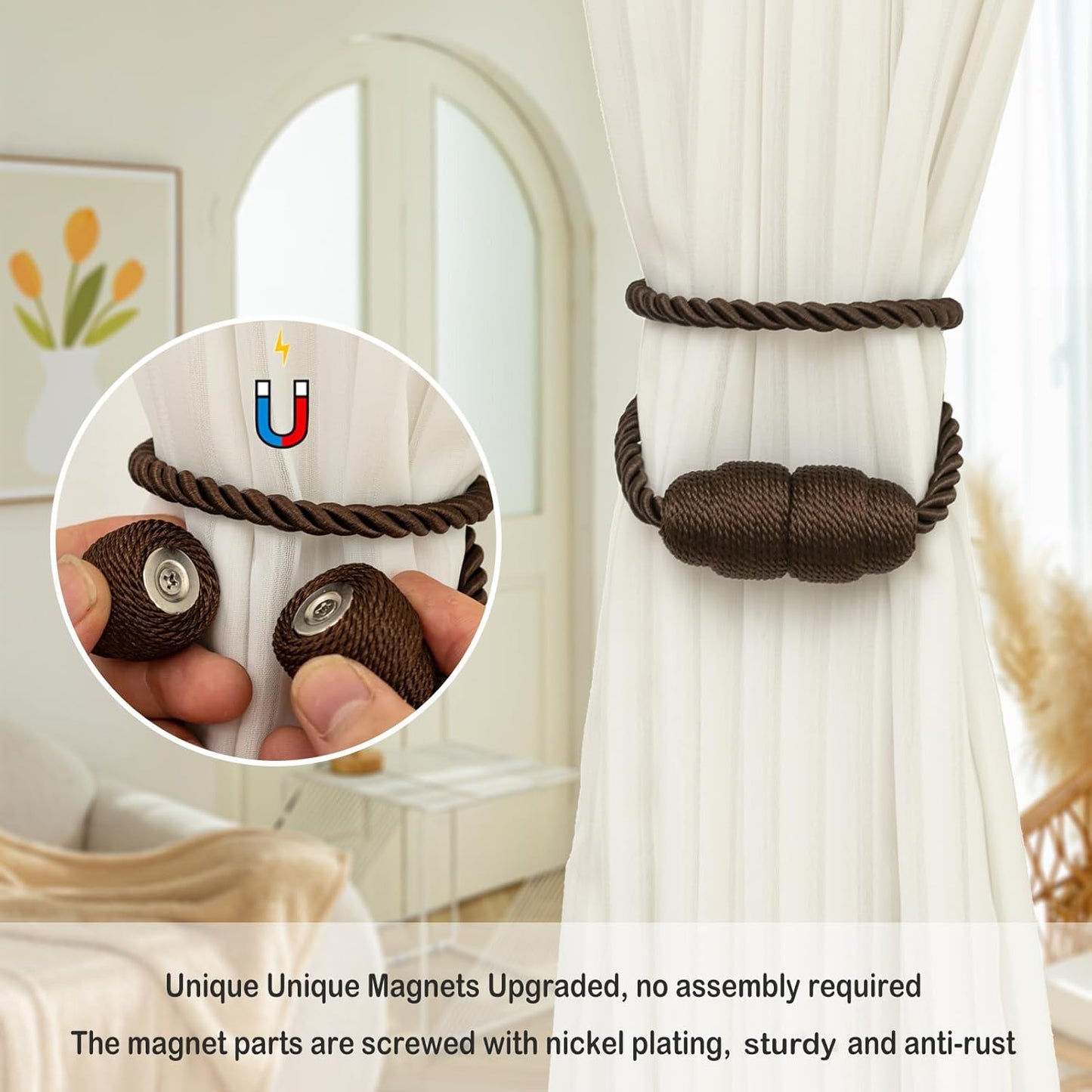 Magnetic Curtain Tiebacks Rope Curtain Tie Backs for Curtains 6 Pack Curtain Holders for Drapes Decorative Window Curtain Holdbacks, Coffee