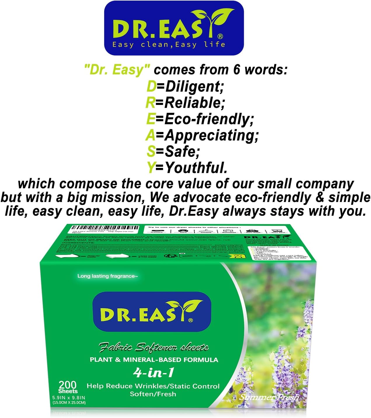 DR.EASY SUMMER FRESH Dryer Sheets Plant Based Formula 200 Ct Fabric Softener sheets for Laundry Essential Oil Scented No Artificial Fragrances No Dyes Reduce Static & Wrinkles Help Repel Pet Hair