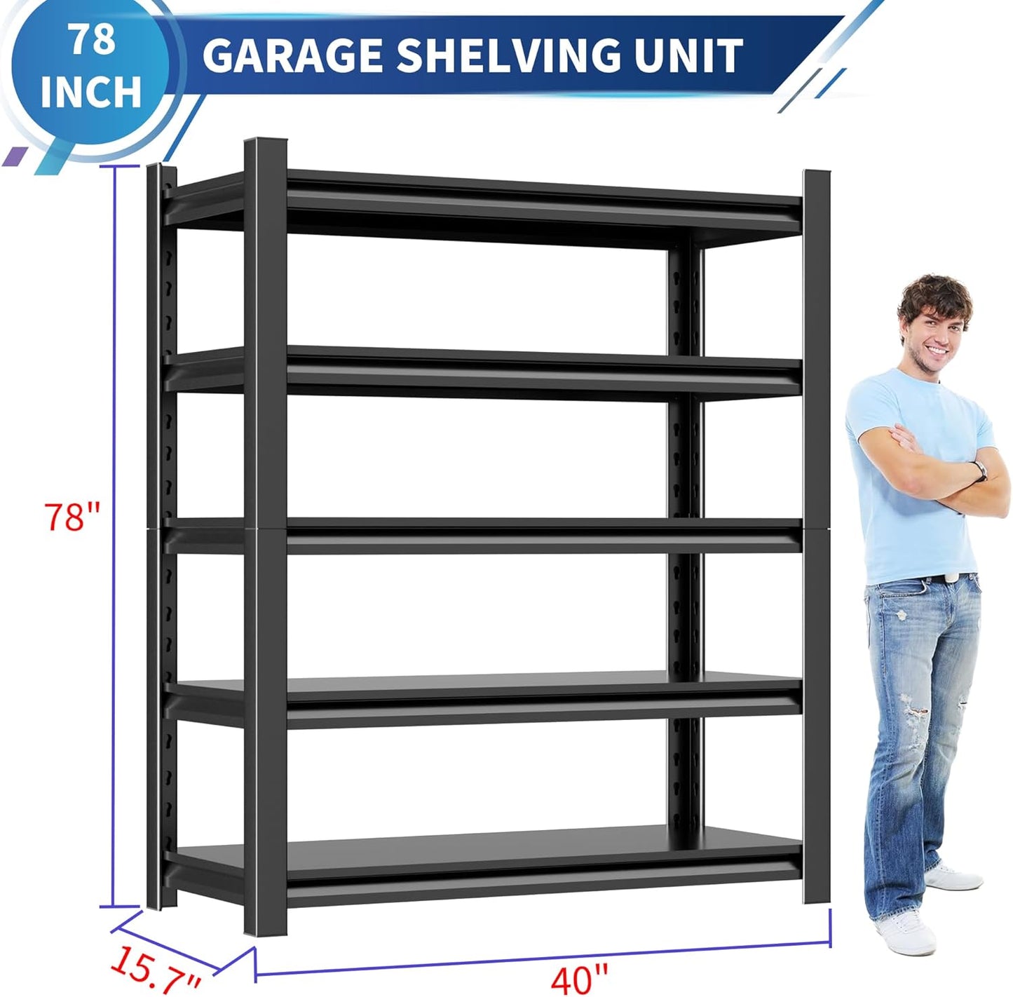 Garage Shelving Unit,78"*40“*16”Thickened Metal Shelving Units for Garage Storage Shelves Adjustable Shelves,5 Tier Industrial Shelving Shelf Metal Shelves