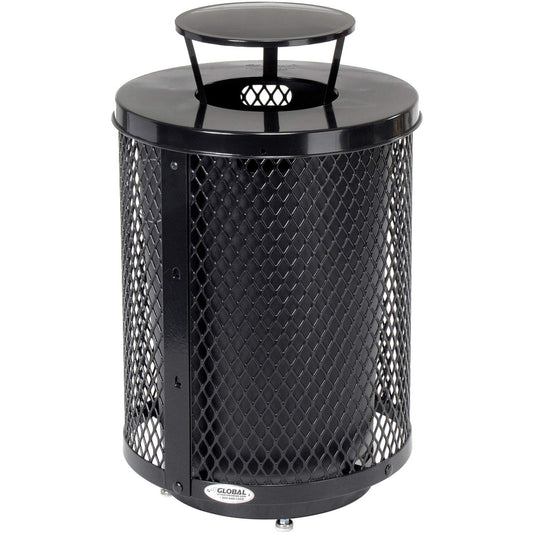 Global Industrial Outdoor Diamond Steel Trash Can with Rain Bonnet Lid, Raised Base and Plastic Liner, 36 Gallon Capacity, Black, Thermoplastic Coating, 23-1/2" Diameter, 43-1/2"H