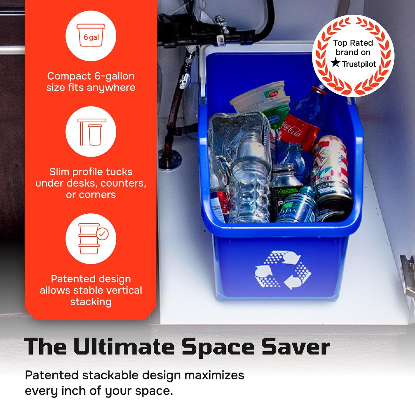 Multi Recycling Bin System with Three Stacking 6 Gallon Bins with Carrying Handles, Stackable and Compact for Offices, Homes, Garages, Businesses - (Yellow, 1 Pack)