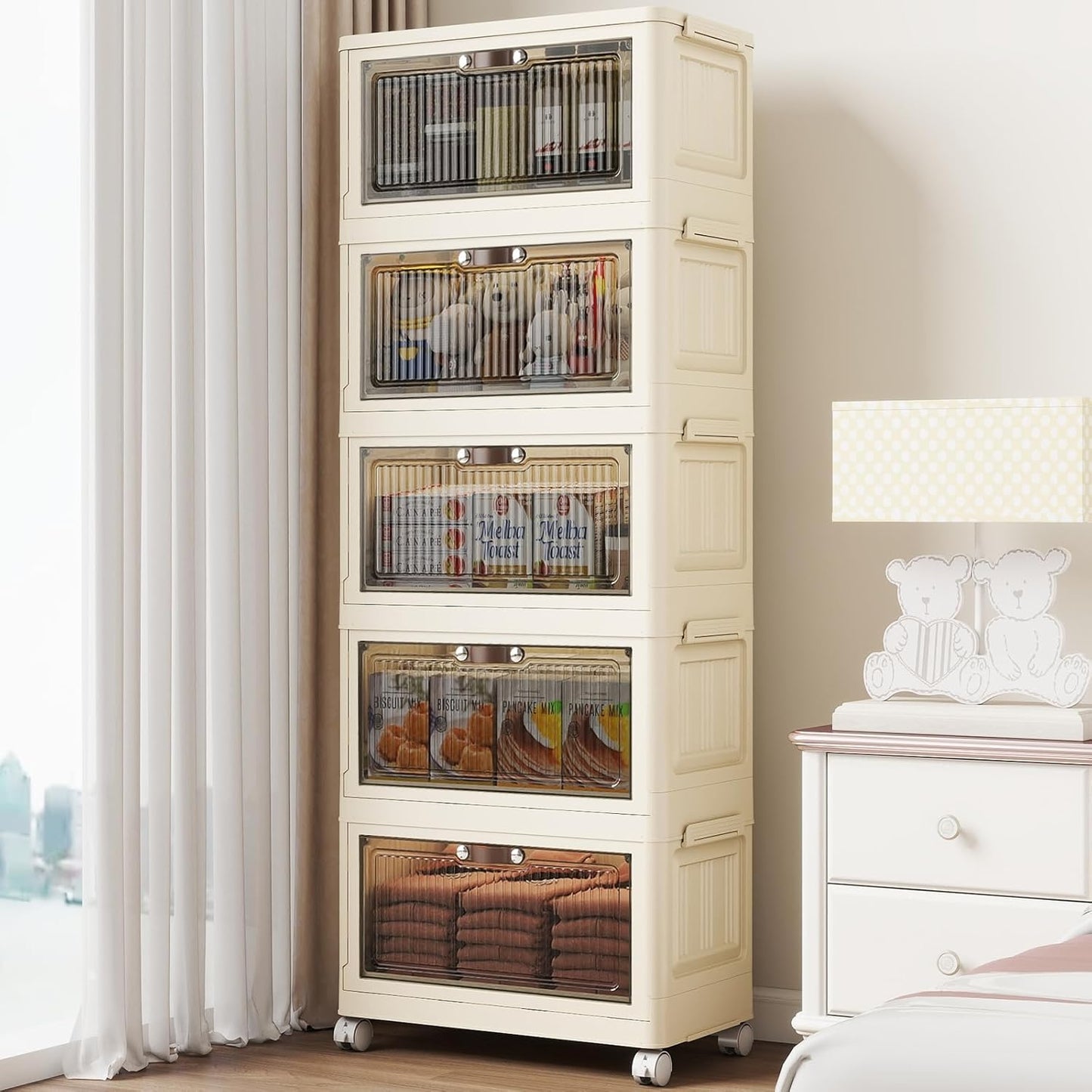 5 Tier - 48QT Storage Bins with Lids, Collapsible Storage Bins with Doors and Wheels, Plastic Storage Cabinet for Easy Storage and Organization for Living Room, Office