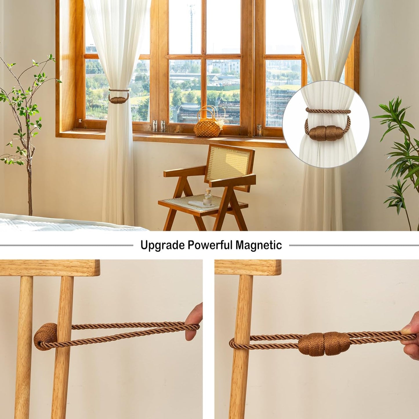 Magnetic Curtain Tiebacks Rope Curtain Tie Backs for Curtains 2 Pack Curtain Holders for Drapes Decorative Window Curtain Holdbacks, Khaki