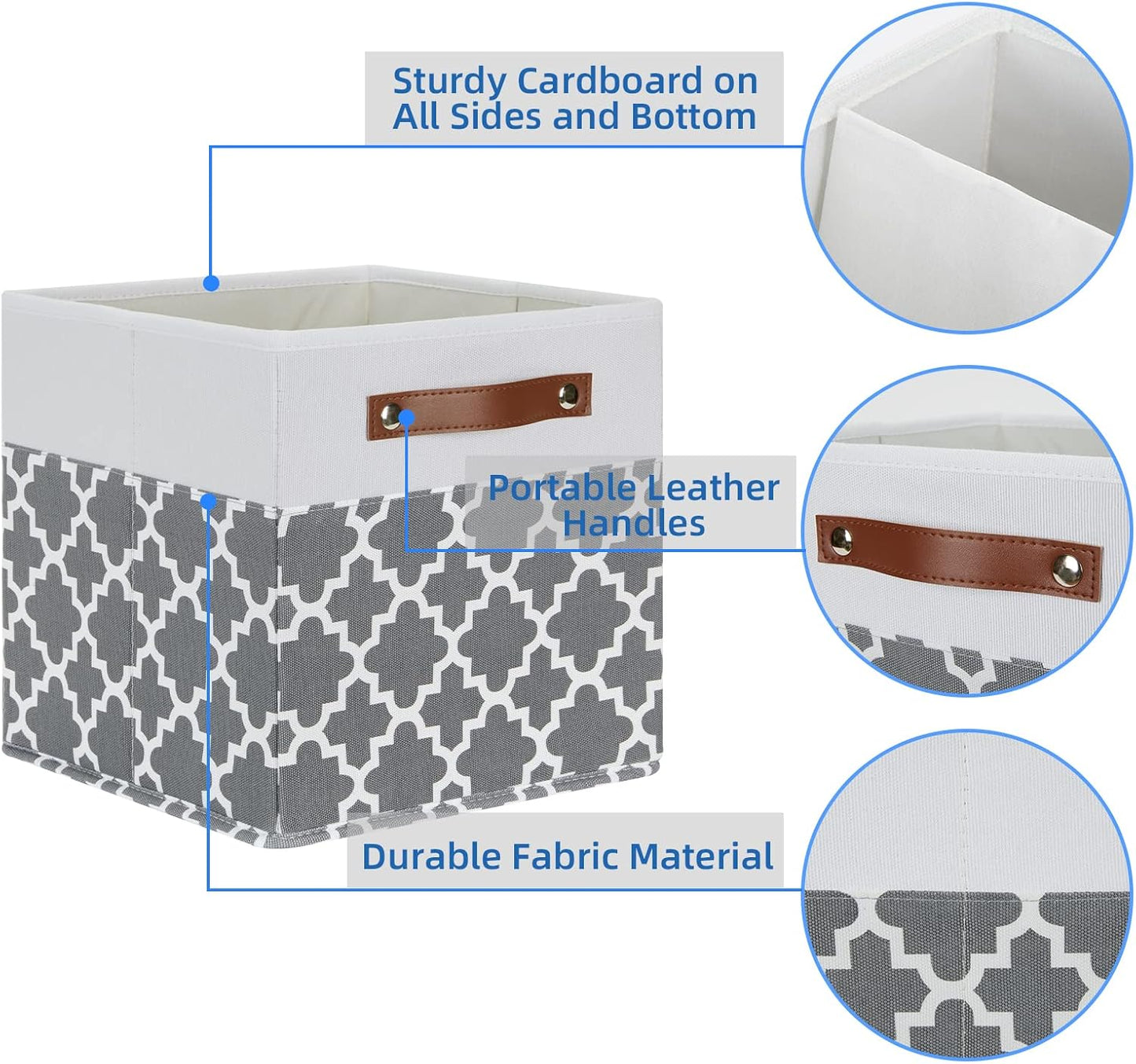 Temary 11x11x11 Cube Storage Bins Cube Organizer Bins 4 Pack Canvas Storage Bin for Home, Cube Storage Basket with Leather Handles(Grey Lattice)