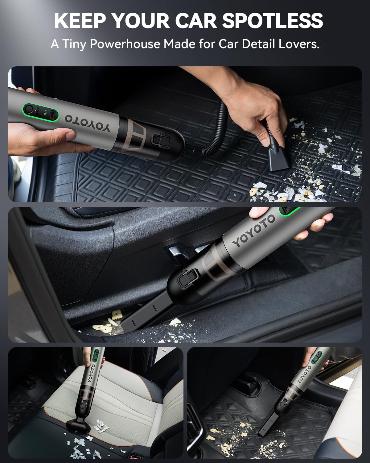 Car Vacuum, Handheld Vacuum Cordless with 21000Pa Powerful Suction & 3 Modes, 4-in-1 Portable Hand Held Mini Vacuum Cleaner Rechargeable, Ultra Light for Car Home Office (Silver)