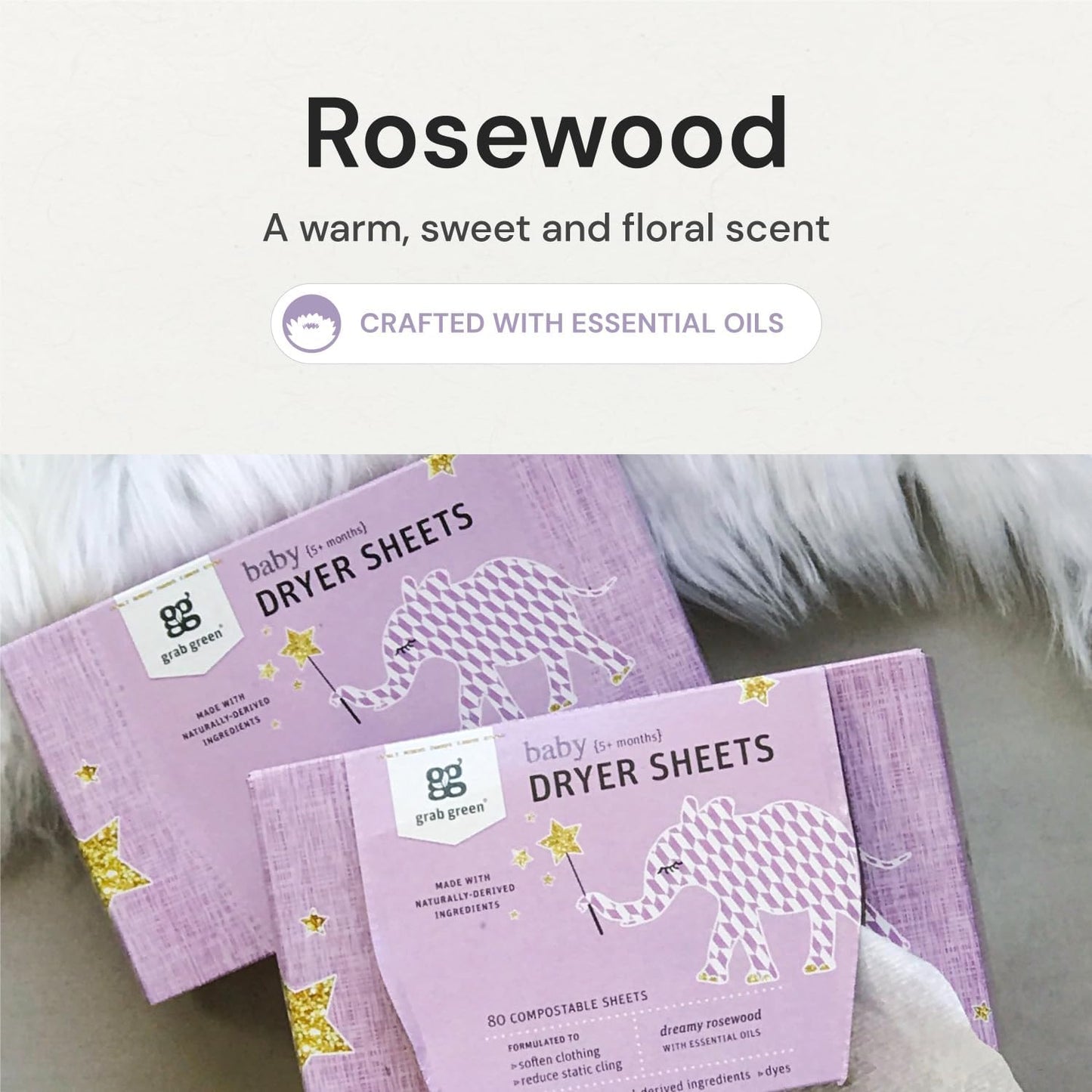 Grab Green Baby Laundry Dryer Sheets, 160 Sheets, Dreamy Rosewood Scent, Plant Based, Softens Clothing and Linens, Reduces Static Cling