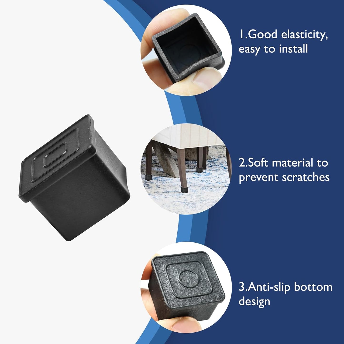 16 Pcs 3/4" x 3/4" Square Rubber Chair Leg Caps, PVC Table Leg Covers, Flexible & Anti-Slip Furniture Leg End Caps, Chair Leg Floor Protectors for Bar Stool Leg Patio Indoor, Black