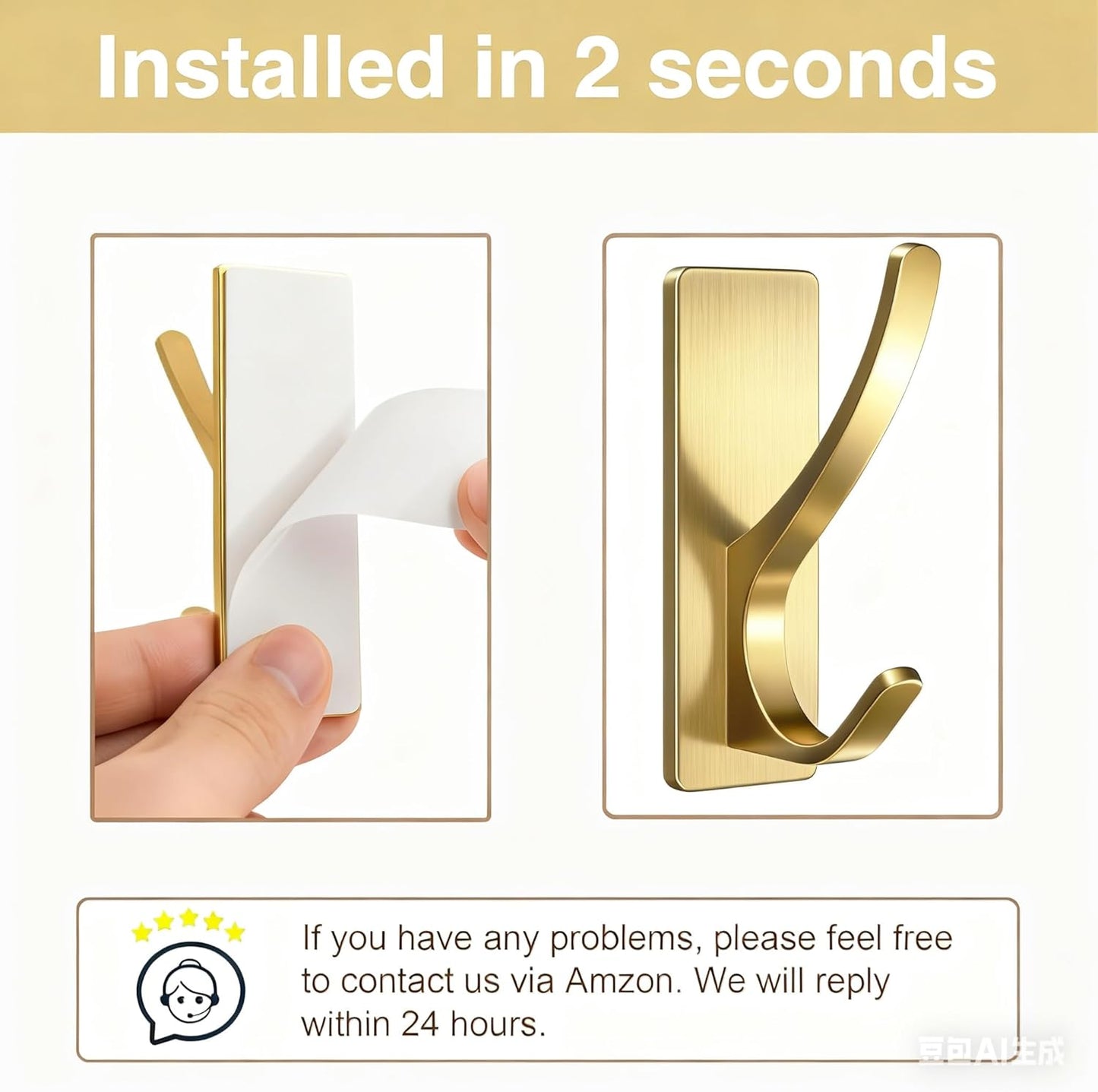 pickpiff Self Adhesive Coat Hooks for Hanging, Heavy Duty Stainless Double Wall Hook for Towel, Backpack, Hat, Sturdy Metal Hanger for Bathroom, Bedroom, Door, Wall Mounted, 4-Pack, Brushed Gold