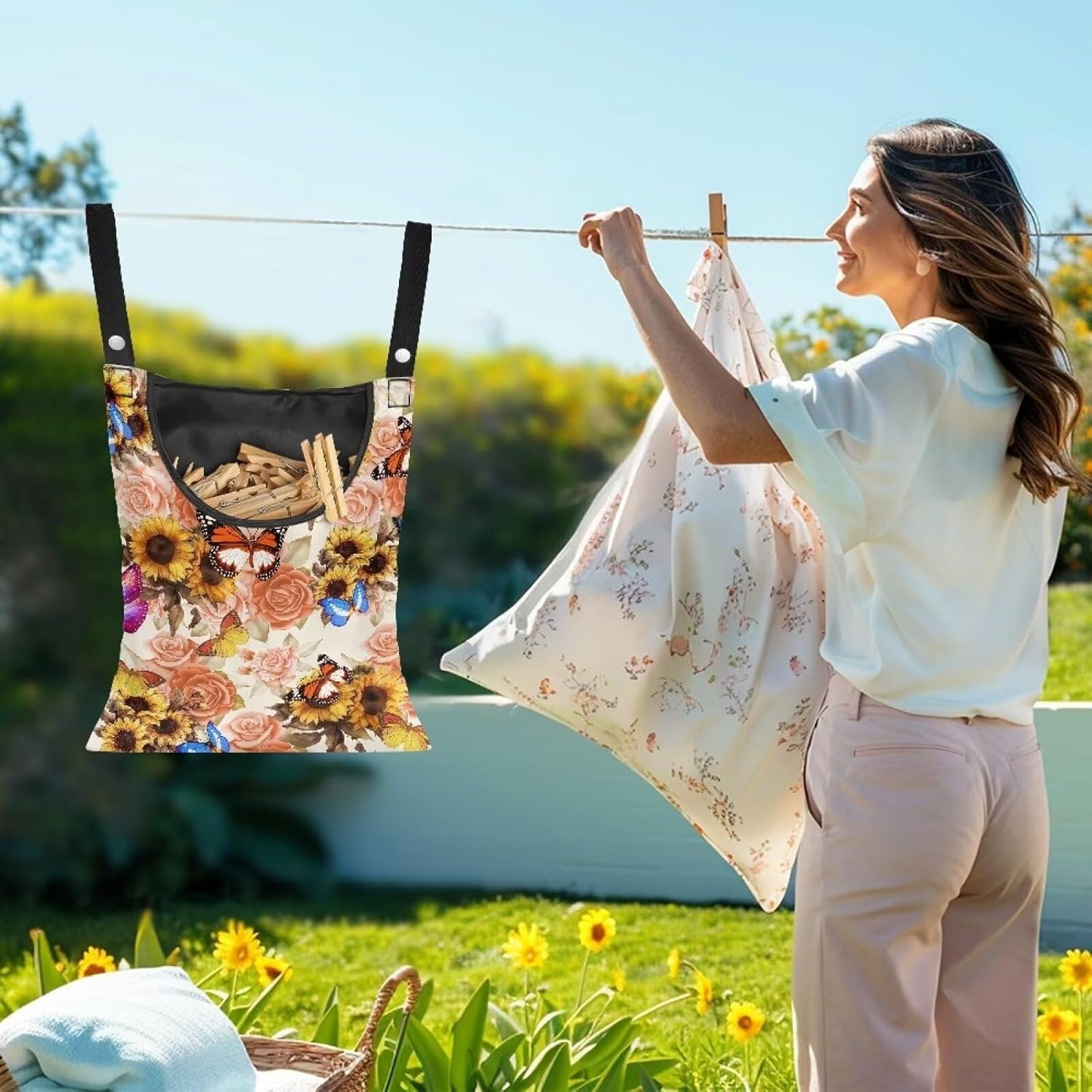 Butterfly Clothespin Bag with Hanging Sunflowers Rose Hook Waterproof Clothes Pin Hanging Bag Space-Saving Clothespin Storage Organize Clothespin Bag for Clothesline Outdoor