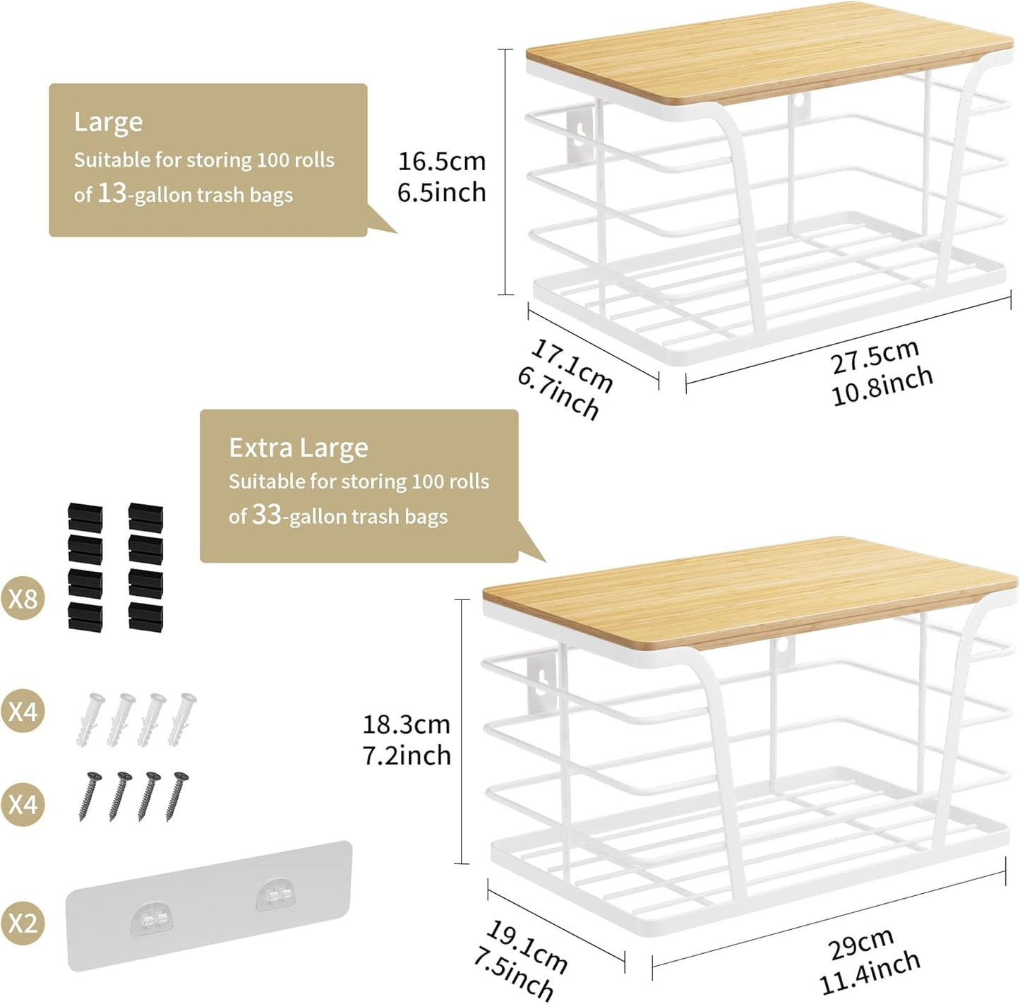 Extra Large 2 Pack Stackable Pantry Organizers - Laundry Room Organization & Decor, Kitchen Decor, Wall Mount Trash Bag Holder with Bamboo Top, White