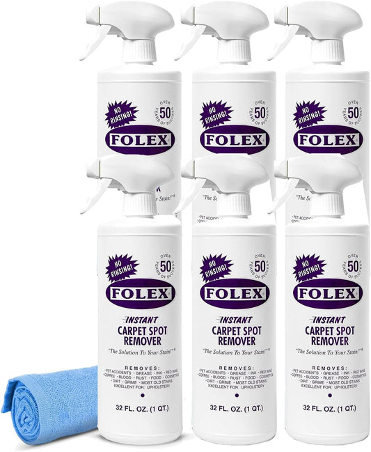 FOLEX 32 oz Instant Carpet Spot Remover Carpet Cleaner with Reusable Cleaning Cloth - Removes Pet Accidents, Grease, Red Wine and More (6 Pack)