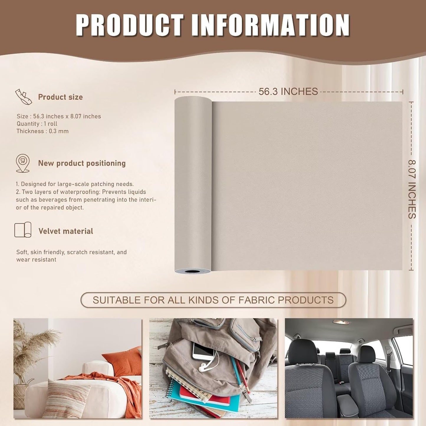 Azobur Couch Patches, Extra-Large Durable Fabric Tape, Ideal for Automotive Upholstery Repair, Waterproof, Self-Adhesive, Quickly Fix Sofas, Car Interiors, and Other Fabric Items (Beige Brown)