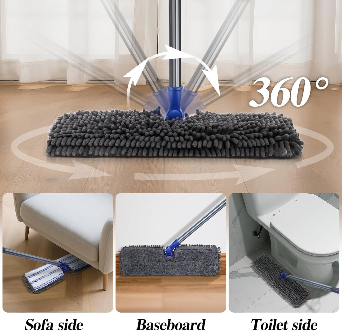 Two Sided Dust Mop Floor Cleaning System, MASTERTOP 360 Microfiber Mop with Stainless Steel Handle,Wet Dry Mop,Flat Flip Mops for Hardwood, Laminate, Vinyl, Tiles,4 Washable Mops Pads