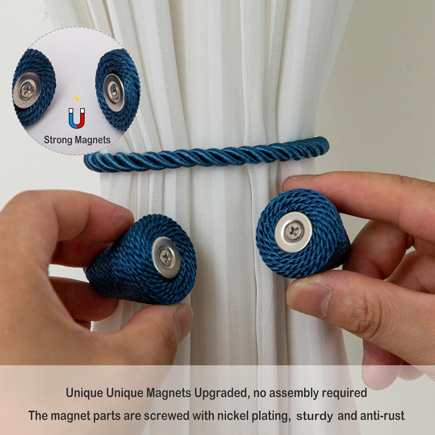 Magnetic Curtain Tiebacks 6 Pack Outdoor Rope Curtain Tie Backs Decorative Window Treatment Holdbacks for Home Decorative Curtain, Blue