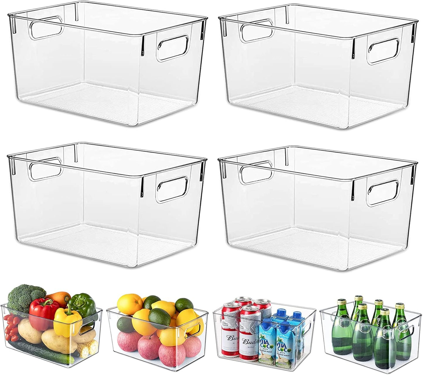 Fridge Clear Plastic Storage Bins, 4 Pack Pantry Organizers & Storage Containers, Cabinet Organizer, Home Organization Must Haves for Kitchen, Laundry Room, Office, Closet & Freezer