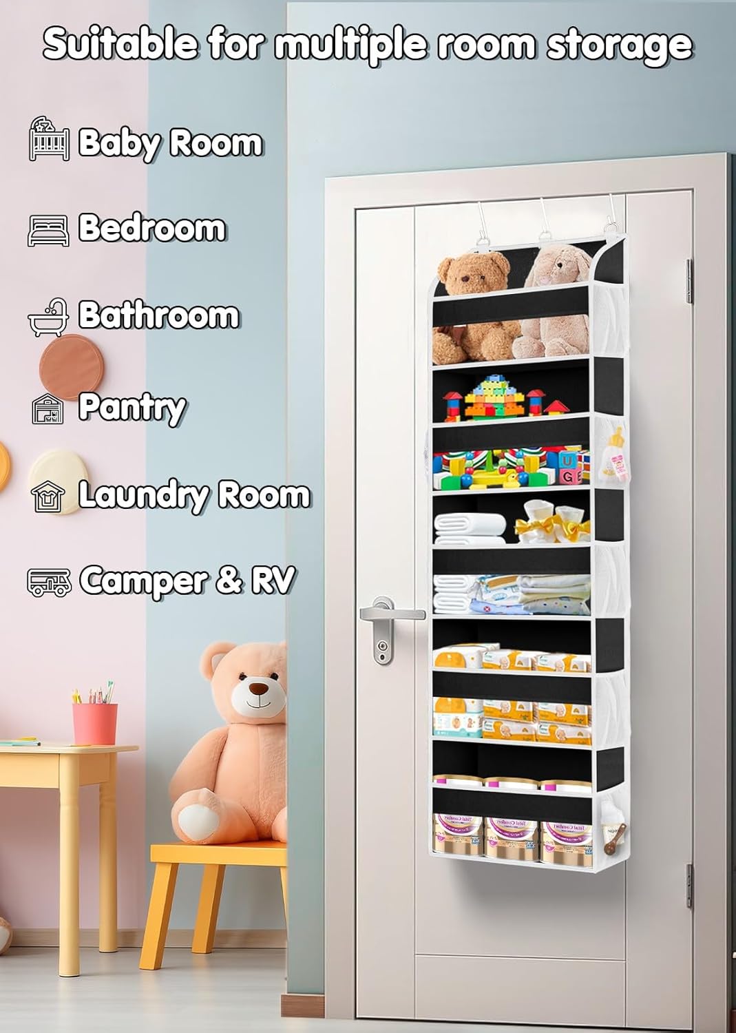 1 Pack Over The Door Storage Organizer with 5 Pockets 10 Mesh Side Pockets, 44 lbs Weight Capacity Door Hanging Organizers and Storage for Bedroom,Bathroom,Nursery,Pantry,Dorm(Light Gray)