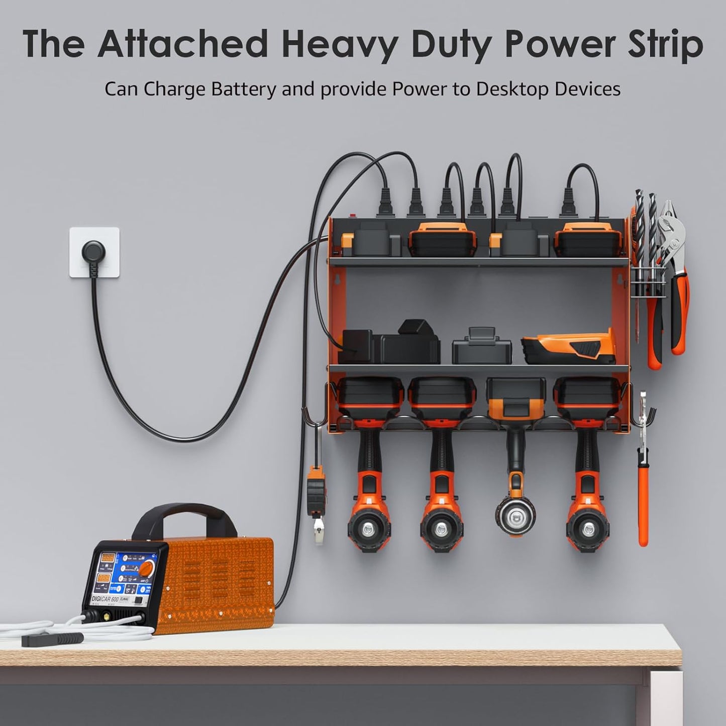 CCCEI Modular Power Tool Organizer Wall Mount with Charging Station. Garage 4 Drill Storage Shelf with Hooks, Drill Bit Heavy Duty Rack, Orange Tool Battery Holder Built in 8 Outlet Power Strip.