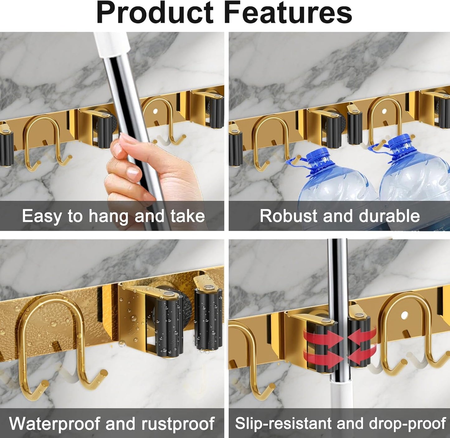 Mop Broom Holder Wall Mount, 2 Packs Gold Stainless Steel Tool Storage Organizer for Kitchen Garden Garage Laundry Room Bathroom and RV with 4 Slots 6 Hooks