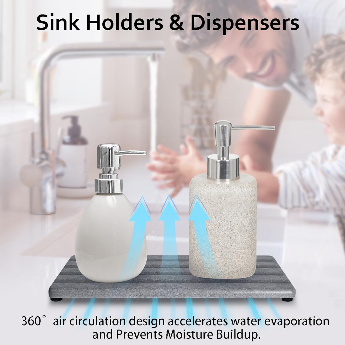Set of 3 Diatomite Hand Soap Holder, Water Absorbing Stone Tray for Kitchen Countertop, Fast-Drying Bathroom Trays(1pcs 20 x 10cm + 2pcs 10 x 10cm Grey)