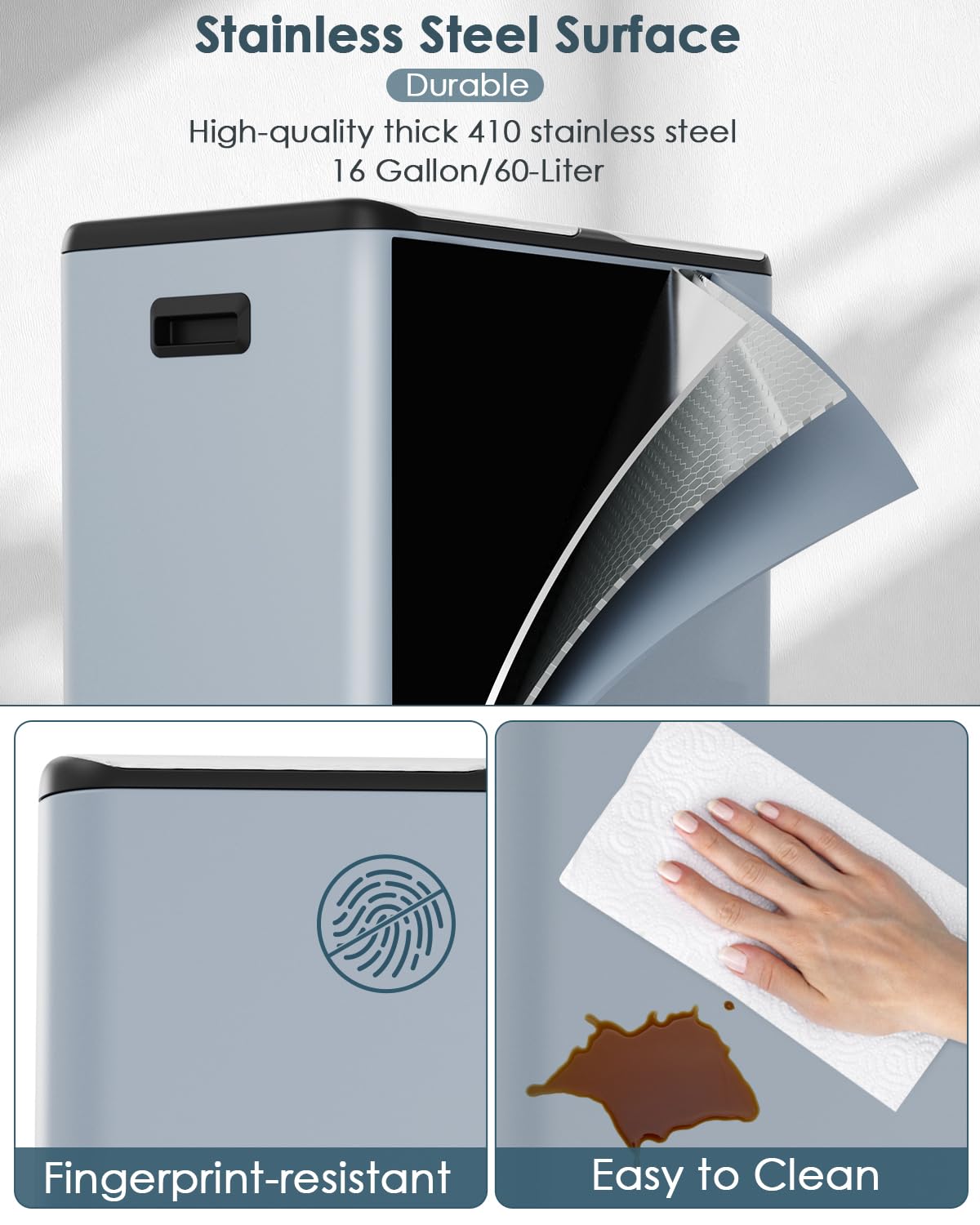 Arlopu 16Gal Dual Trash Can w/2 Built-in Box for Odor Control, Hands-Free Kitchen Garbage Bin, Recycle Waste Dustbin, Soft-Close Lid, 2 Buckets,Foot Pedal, Side Handle, Airtight,for Home Office