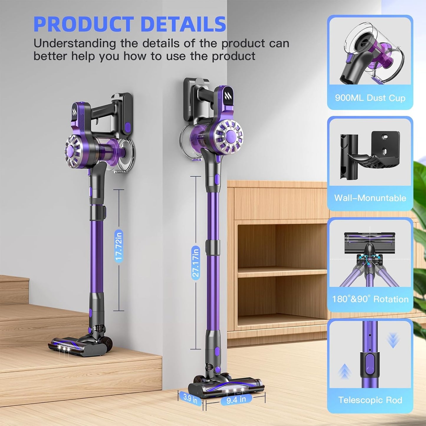 Cordless Vacuum Cleaner,Vacuum Cleaners for Home with Super Suction,Lightweight Stick Vacuum with 35 Mins Runtime,Rechargeable Cordless Vacuum for Carpet, Tile, Pet Hair, Hardwood Floors(Dark Purple)