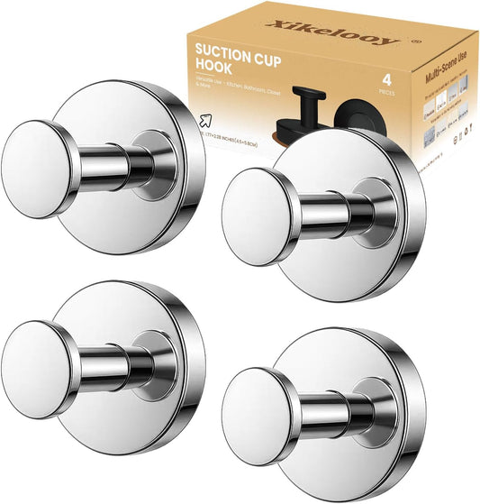 4 Pcs Suction Cup Hooks for Shower，Removable Hooks，Towel Hook，Suction Hook for Bathroom, Bedroom, Glass Window (Bright Silver)