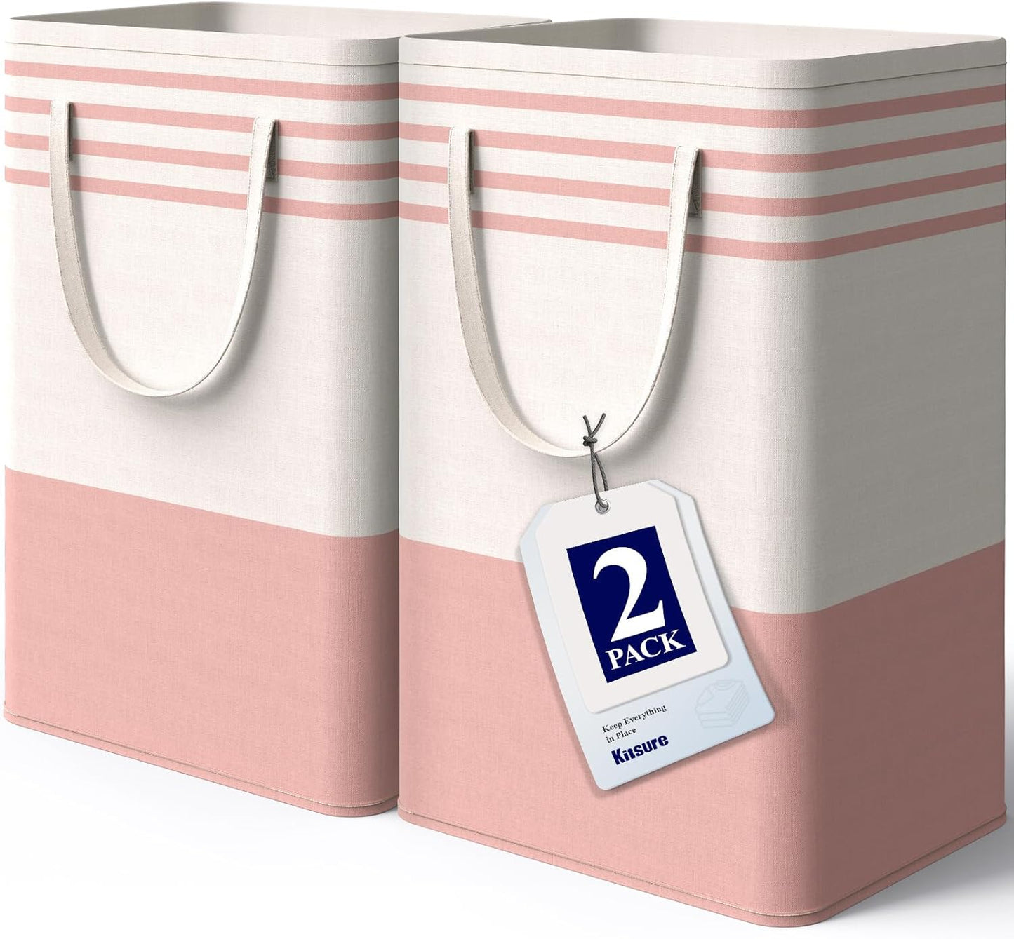 Kitsure Laundry Hamper - 2-Pack Collapsible Laundry Baskets with Well-Stitched Handles, Free-Standing Clothes Hamper with Rigid Top Edge for Household, Dorm Use, 2 x 75L, Pink