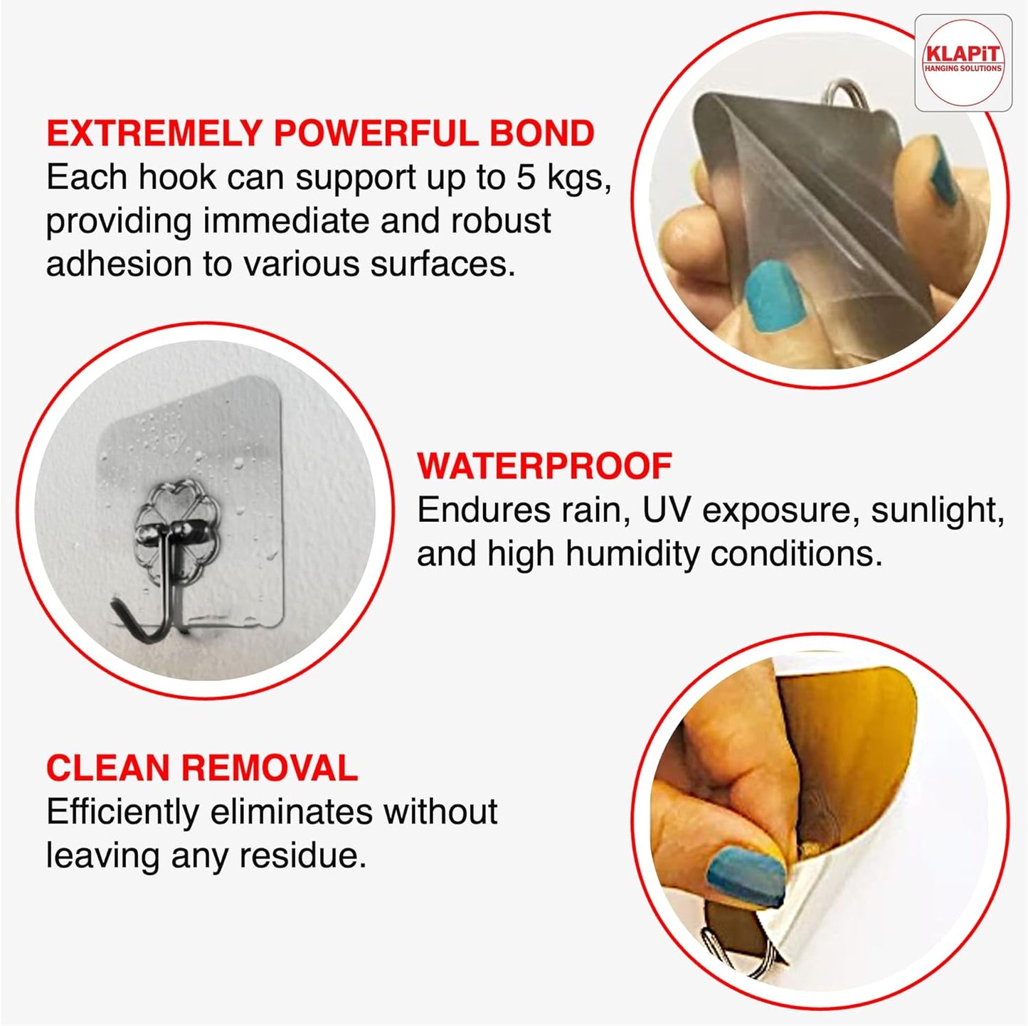 KLAPiT Super Hook - Heavy-Duty Adhesive Clear Wall Hooks, Holds Up to 11 lbs, Waterproof, No Damage, Easy Install on Tile, Wood, Stone, Glass & Metal - Made of Steel (Clear, 8pc)