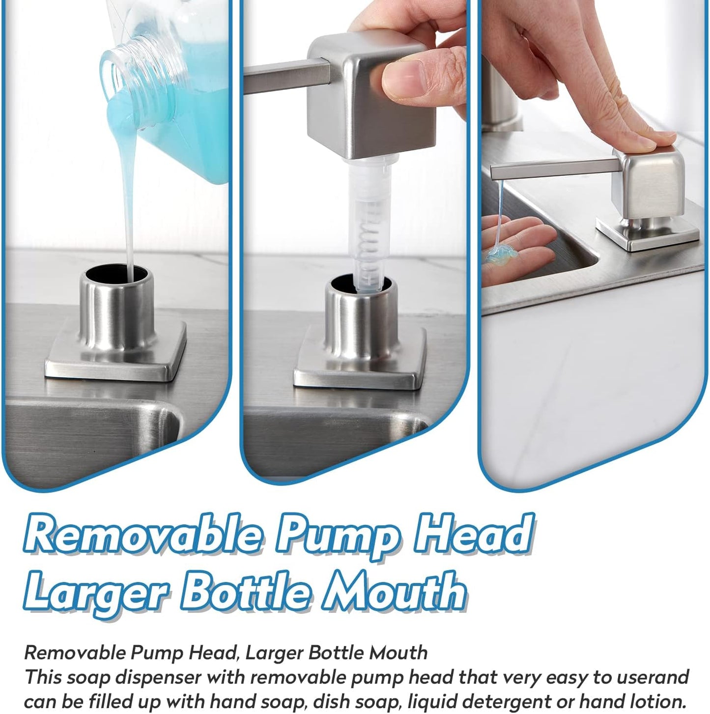 CREA Soap Dispenser for Kitchen Sink, Kitchen Soap Dispenser Brushed Nickel Square Built in Sink Soap Dispenser for Bathroom with 17 OZ Bottle