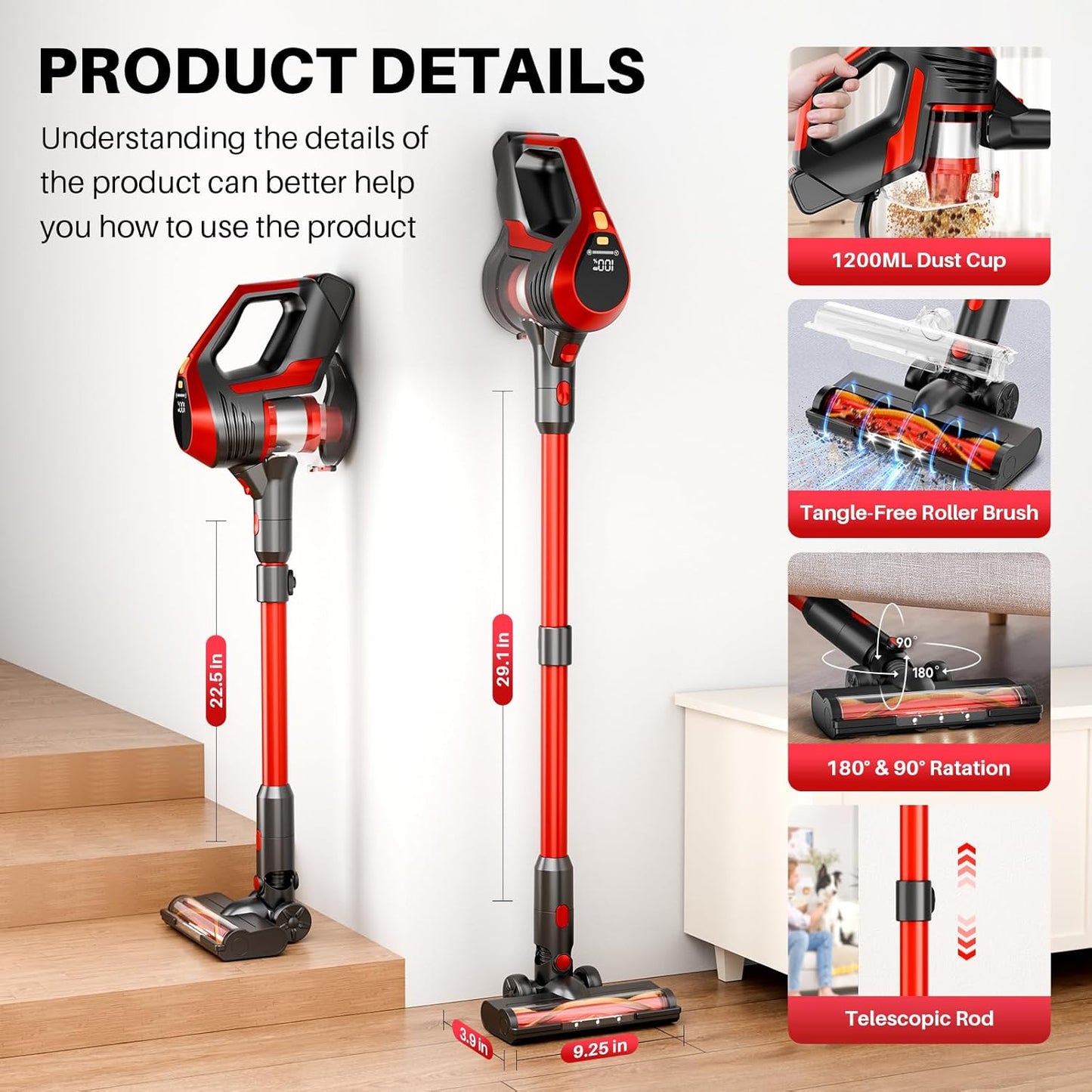 Cordless Vacuum Cleaner - Lightweight, 35Kpa Home Stick Vacuum, Smart Display & Removable Battery, Up to 45 Mins, 8 in 1 Portable Handhled Vacuum, Wall Mount Charging for Hardfloor, Carpet Red
