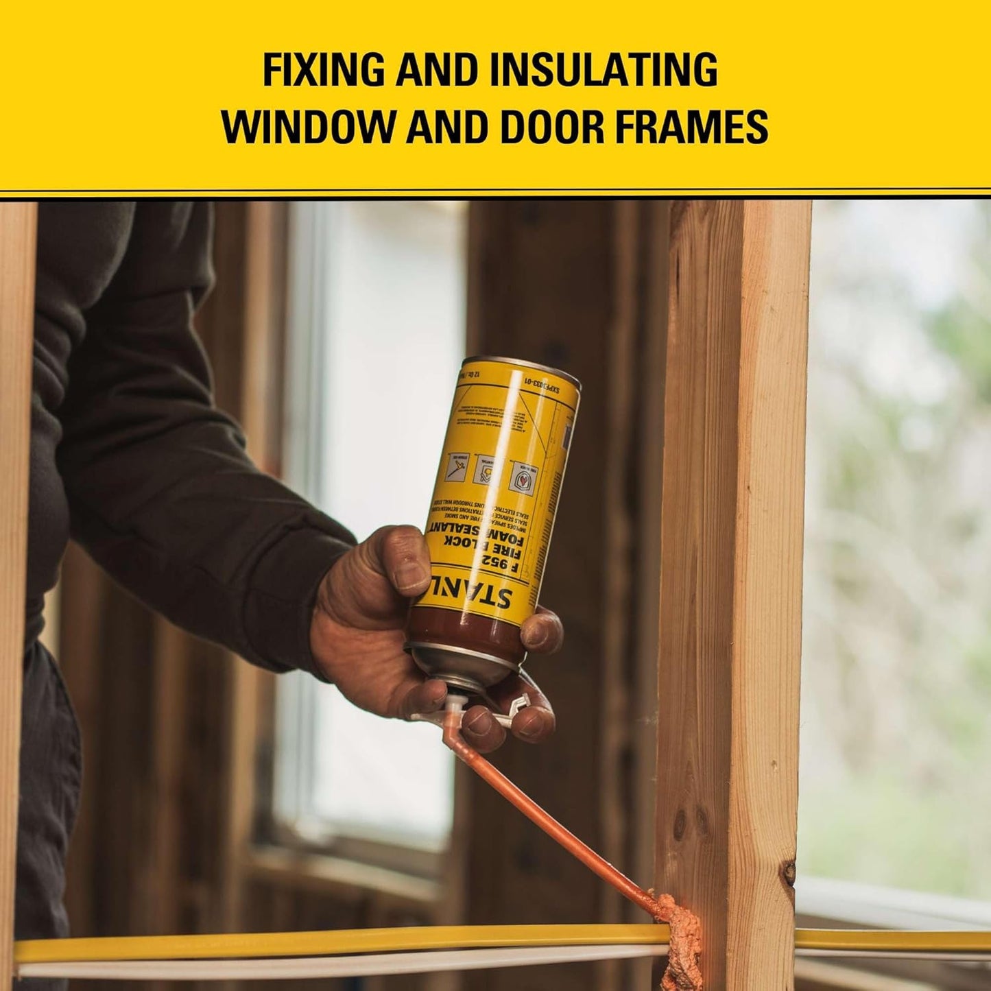 Stanley F952 Fire Block Spray Foam – (1x12oz) Fire Rated Expanding Polyurethane Foam Sealant for Gap Filling & Sealing on Doors, Windows, Walls, Pipes & Joints – Indoor/Outdoor Straw Use | 1 Pack