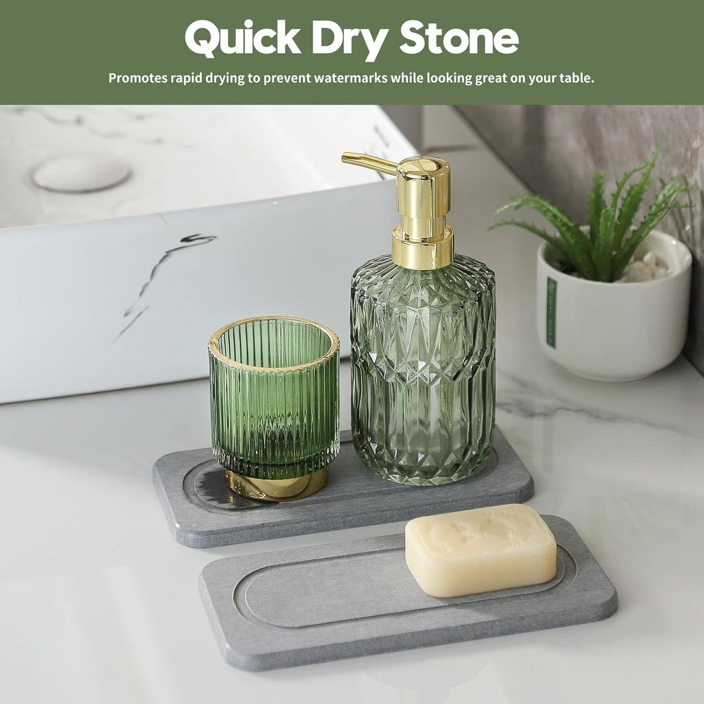 2Pack Diatomite Stone Water Absorbing Sink Tray for Kitchen & Bathroom Counter, Quick Dry Soap Dish Makeup Vanity Caddy, Dispenser Sponge Holder Space Organizer, Light Gray - 8"x 3.8"