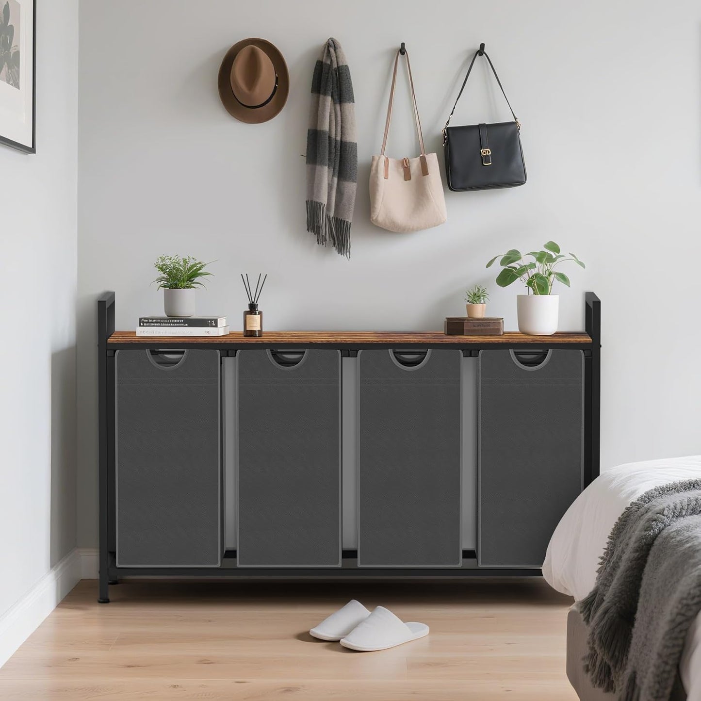 Laundry Hamper, Laundry Sorter with 4 Pull-Out Removable Oxford Fabric Bags Cloth Laundry Basket 4 x 10 Gallons (Grey and Rustic Brown)