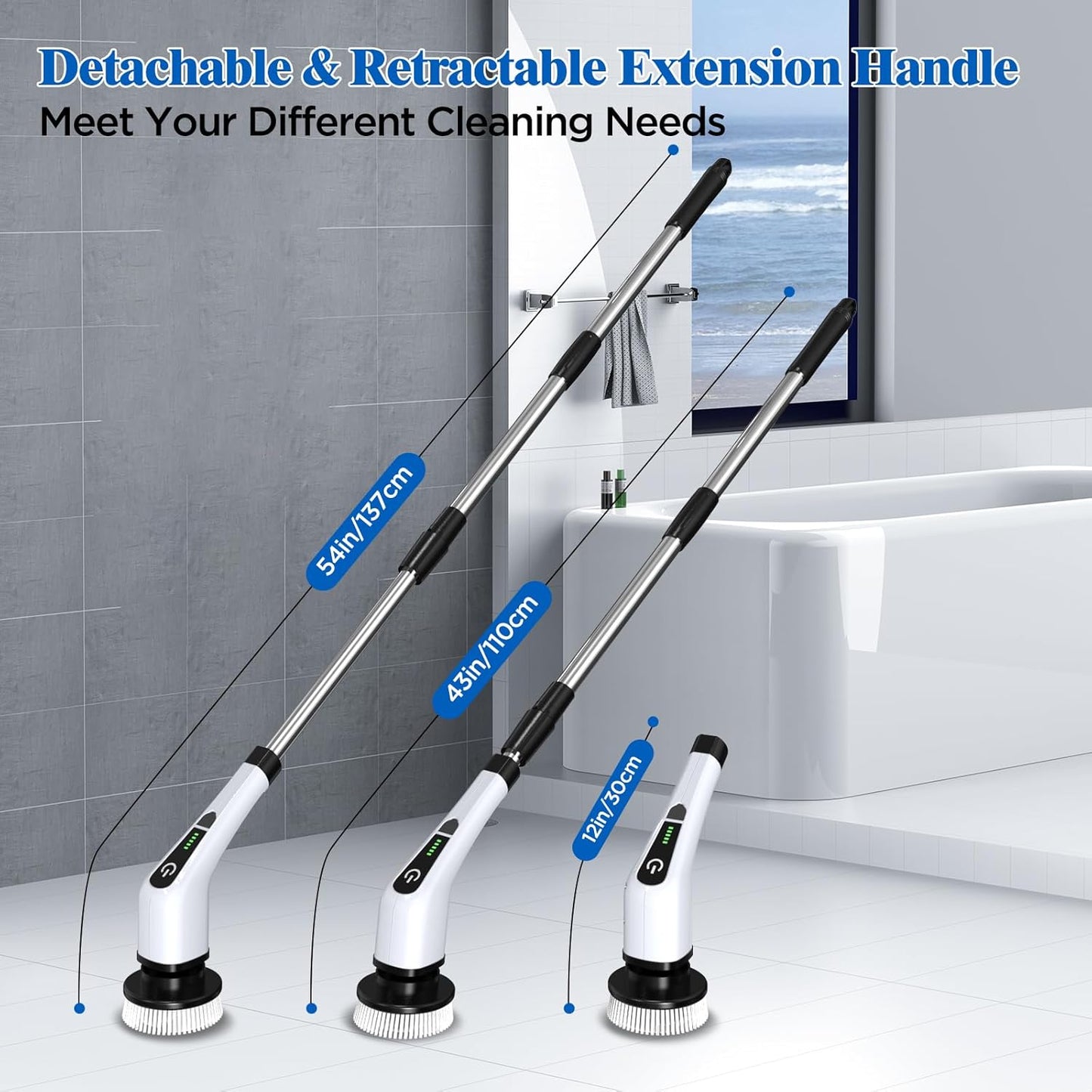 Electric Spin Scrubber, Cordless Bath Tub Power Scrubber with 8 Replaceable Drill Brush Heads, Shower Cleaning Brush with Adjustable Handle for Bathroom, Tile Floor & Car, White, (ANS-8050)