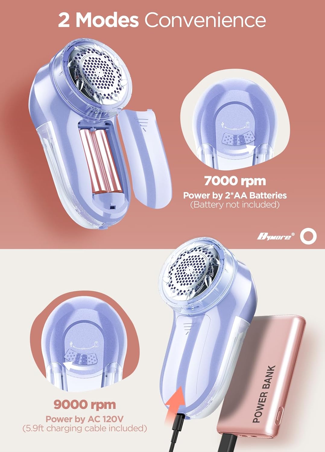 Bymore Fabric Shaver, Lint Remover, Lint Shaver Defuzzer Sweater Shaver for Clothes and Furniture AC Adapter or Battery Operated Pill Fuzz Remover-Light Purple