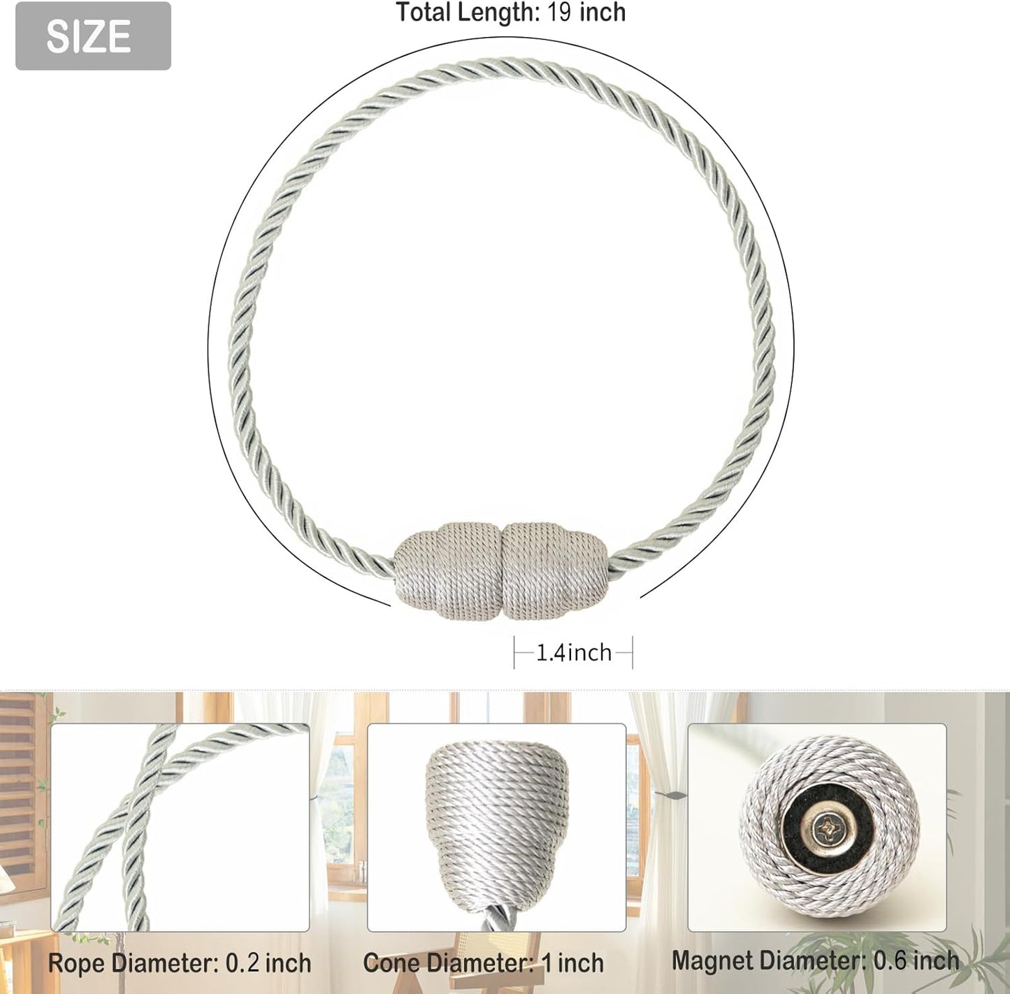 Magnetic Curtain Tiebacks - Rope Tiebacks for Curtains & Drapes, Decorative Window Holdbacks (8 Pack, Grey)