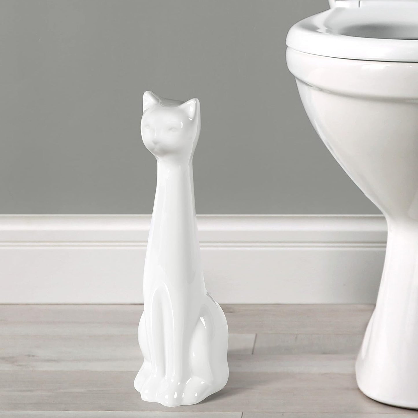 Allure Home Creation White Cat 2-Piece Toilet Brush Holder and Brush Set