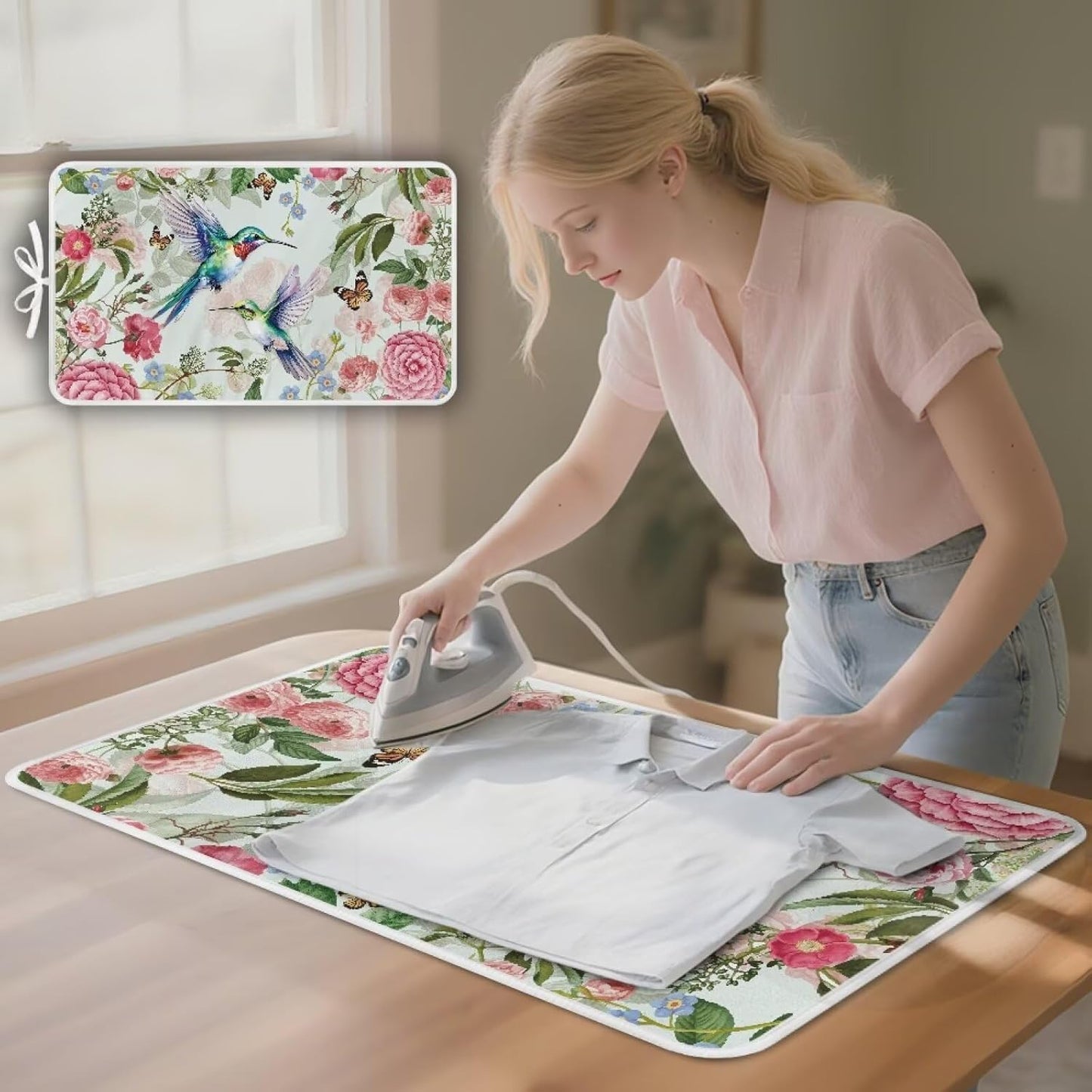 Ironing Mat Foldable Ironing Pad Portable Board Iron Board Alternative Cover,Hummingbird Floral Small Iron Mat for Table Top,Washer and Dryer 32 x 16 Inch