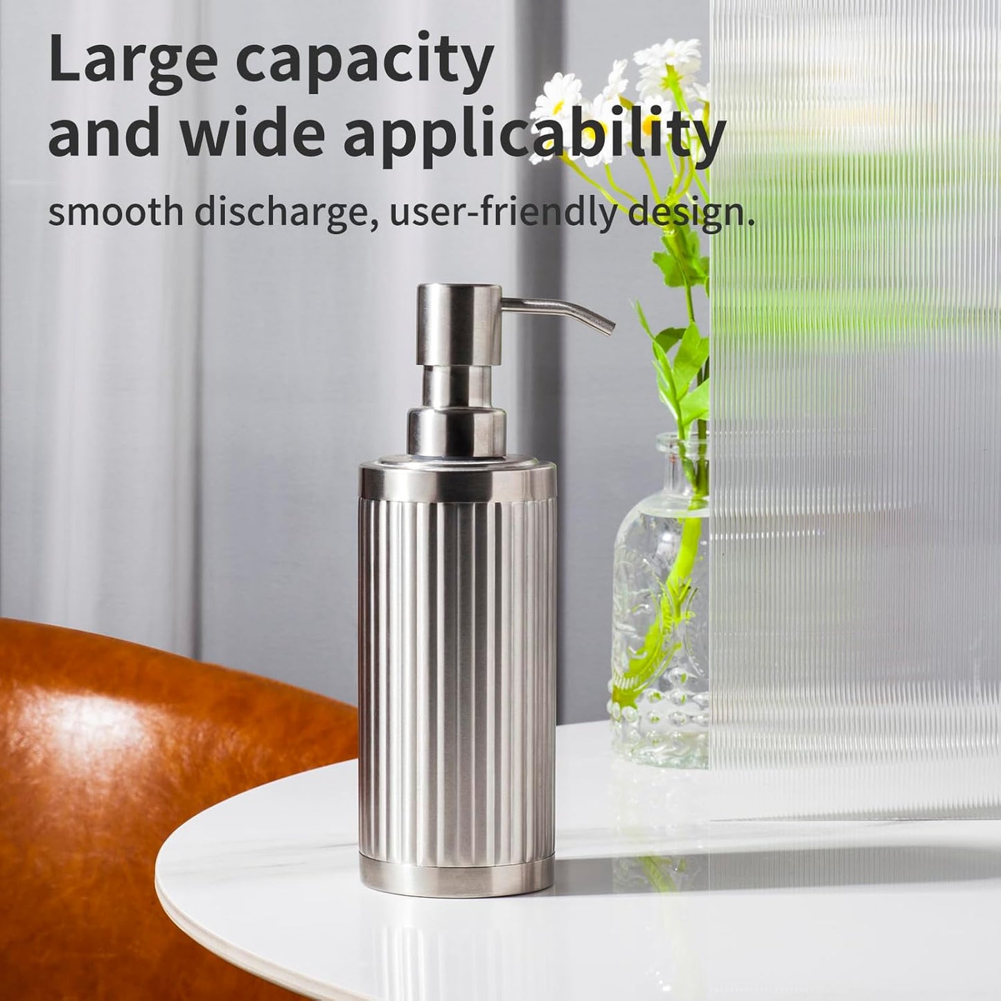 Modern Light Luxury Soap Dispenser with Funnel, Brushed Silver, 304 Stainless Steel, Metal Pump Hand Sanitizer Bottle for Bathroom and Kitchen (10.5 oz/300 ml)