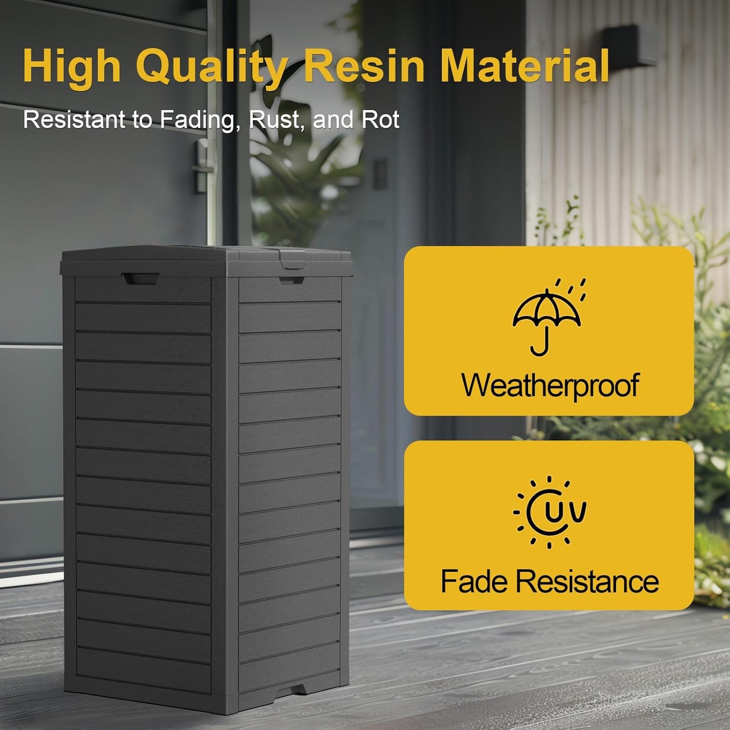 31 Gallon Outdoor Trash Can with Tiered Lid and Drip Tray,Waterproof Resin Waste Bin Indoor,Durable,Stylish,Lightweight Garbage Bin for Patio,Kitchen,Backyard and Office(Black)