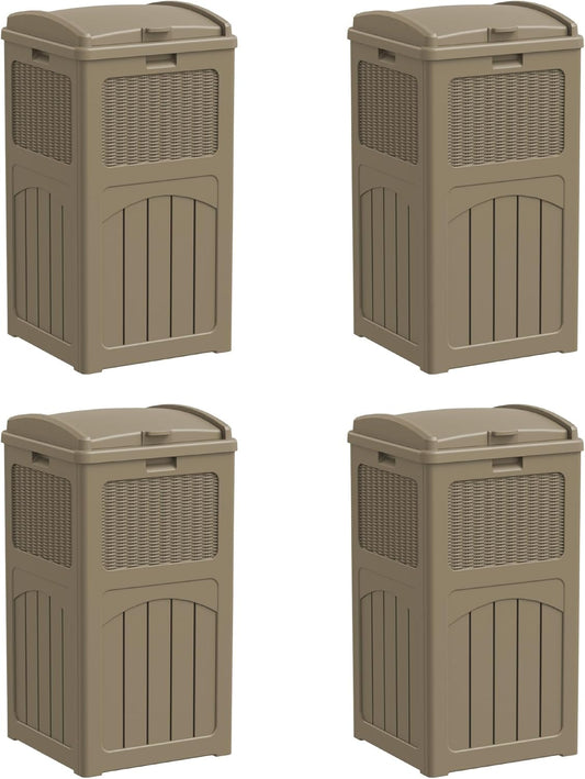 Greesum 33 Gallon Resin Outdoor Trash Can with Lid, Waterproof Resin Garbage Bin for Hideaway, Patio, Deck, 4 Pack, Light Brown