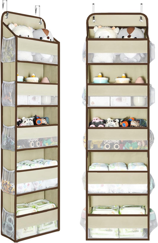 Yecaye 2 Pc Over the Door Organizer with 5 Bins 10 Side Pockets, 44lbs Load Hanging Bathroom and Bedroom Organizer, behind the Door Hanging Organizers for Nursery Newborn Baby Essential Stuff Beige