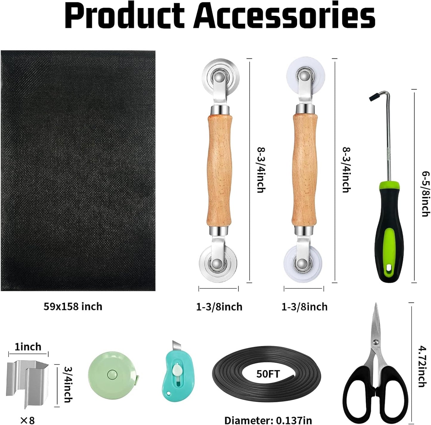 Window Screen Replacement,Screen Door Repair Kit, 59"x158" Black Window Screen Mesh,Including 50 FT Splines+Hooks+2 Rollers+8 Clips+Scissors+Knife+Tape Measure,Fully Equipped Window Screen Repair Kit