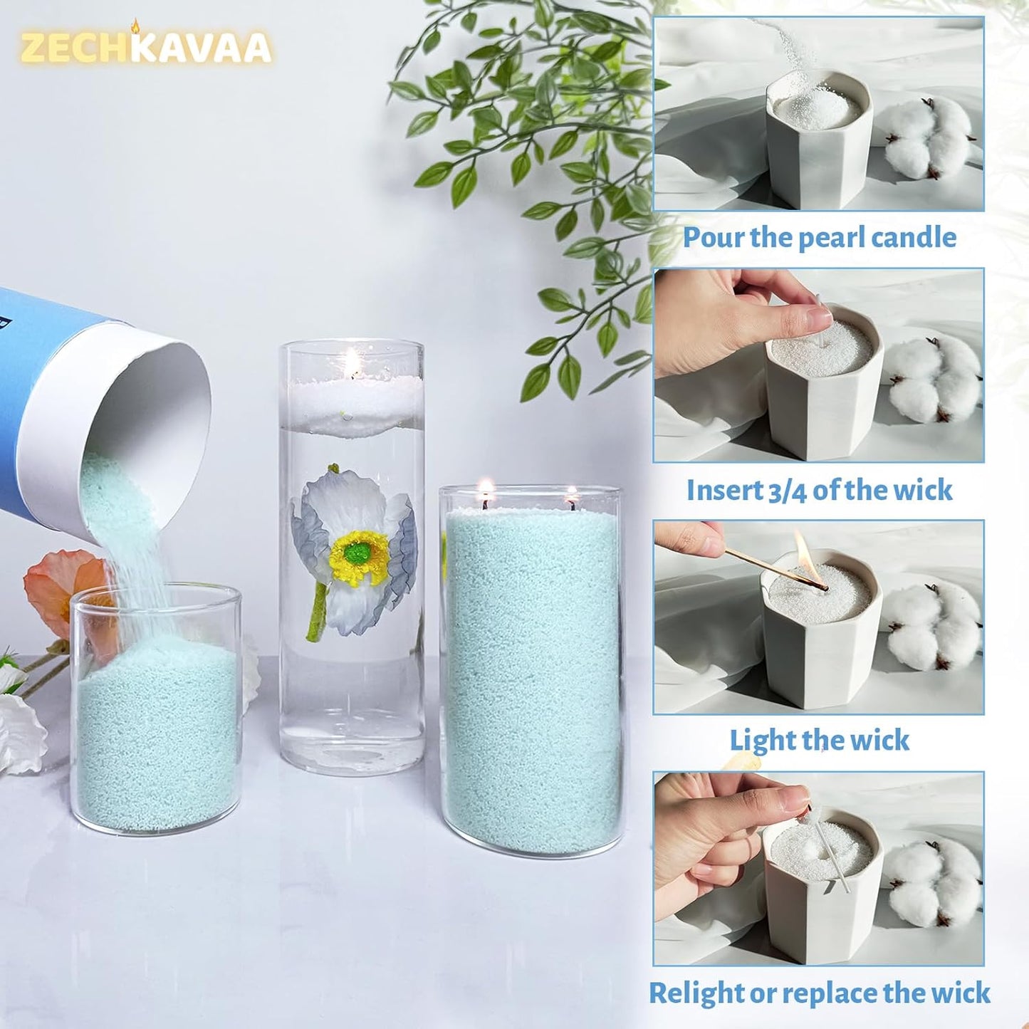 Sea Salt Scented Sky Blue Pearled Candle 18oz Luxury Sand Candle Granulated Wax - 30 Cotton Wicks - Wax for Candle Making Decorative Candles Smooth and Clean Burning Lasts up to 120 Hours