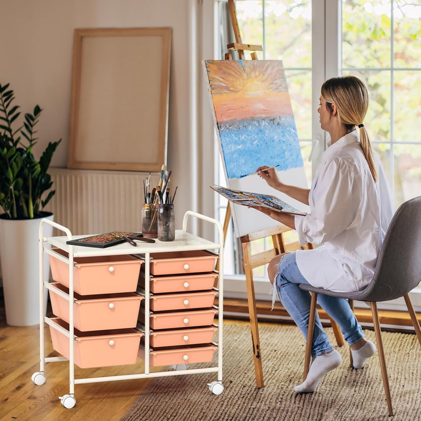 GOFLAME 9-Drawer Rolling Storage Cart, Mobile Utility Cart with Removable Drawers & Metal Frame, Art Craft Organizer Cart with Lockable Wheels, Storage Drawer Cart for Home Office School, Peach Fuzz