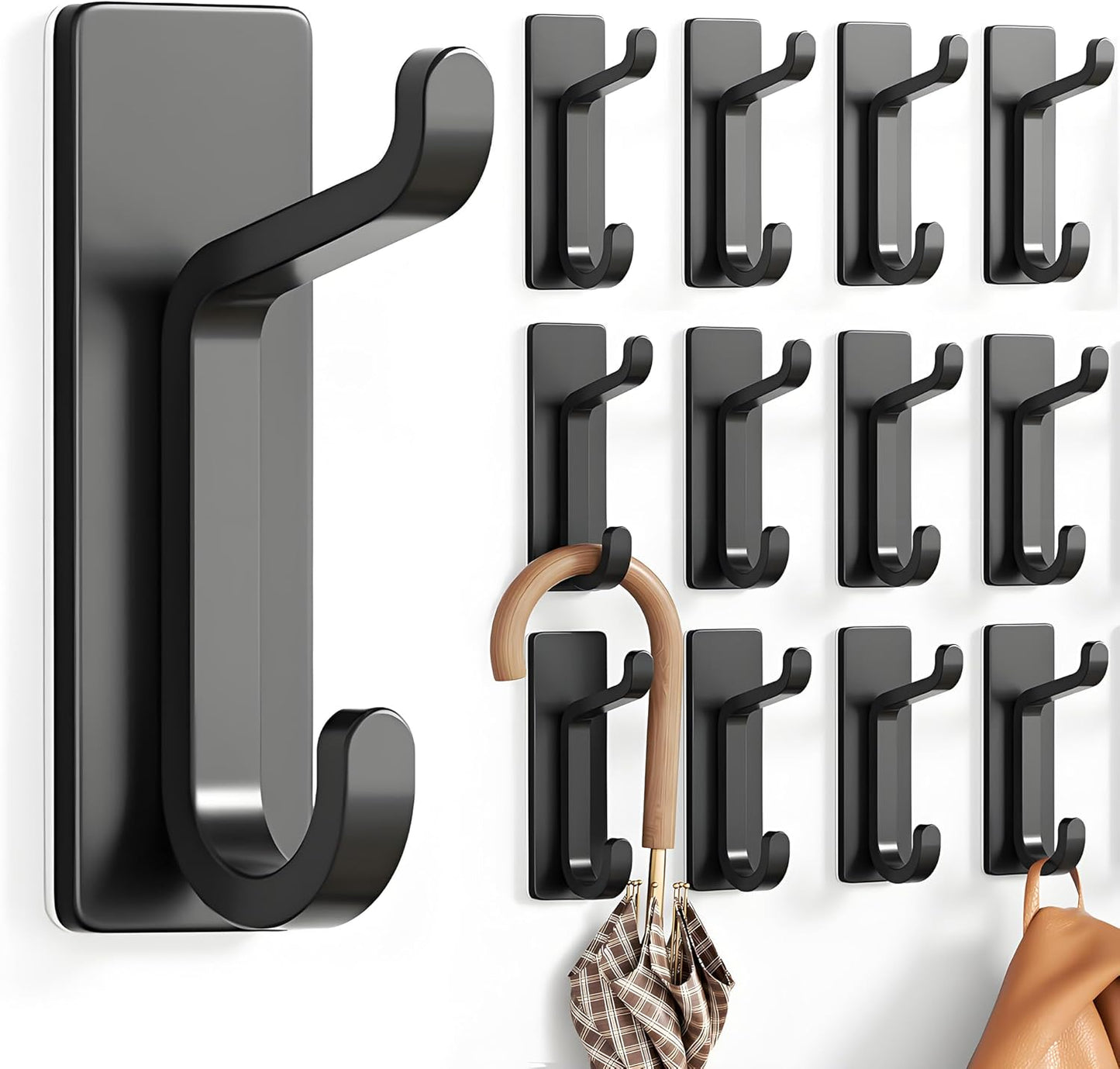 pickpiff 12 Pack Wall Hooks for Coat and Towel: 13LB Adhesive Door Hanger Stick on, Black