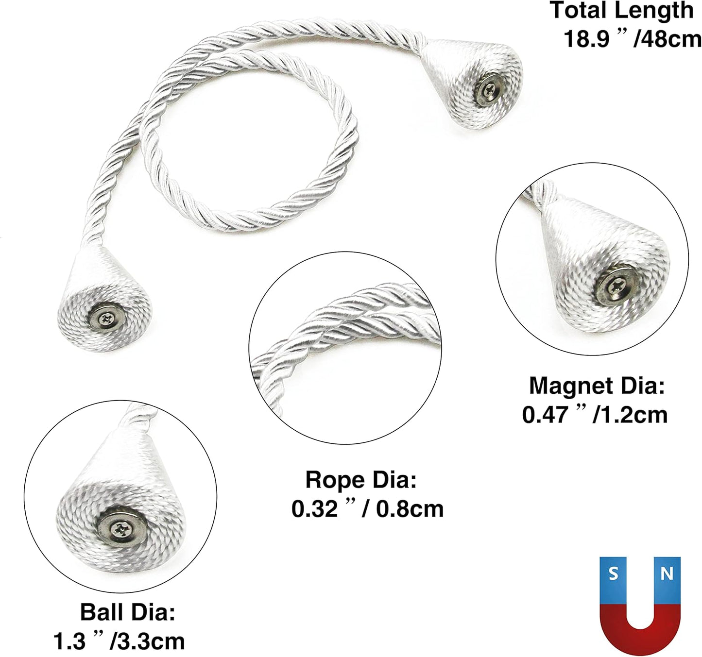 4 Pack Magnetic Curtain Tiebacks Rope Modern Handmade Curtain Tie Backs Decorative Drapes Weave Holdbacks for Window Décor, Silver