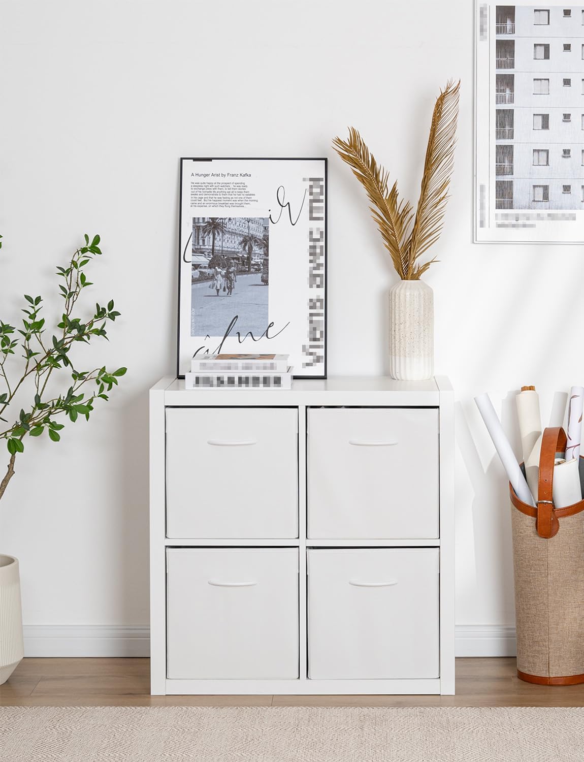 StorageWorks White Storage Cubes, 13-inch Leather Bins with Handle, Cube Organizer Baskets for Shelves and Closet, Collapsible Storage Bins, 4-Pack