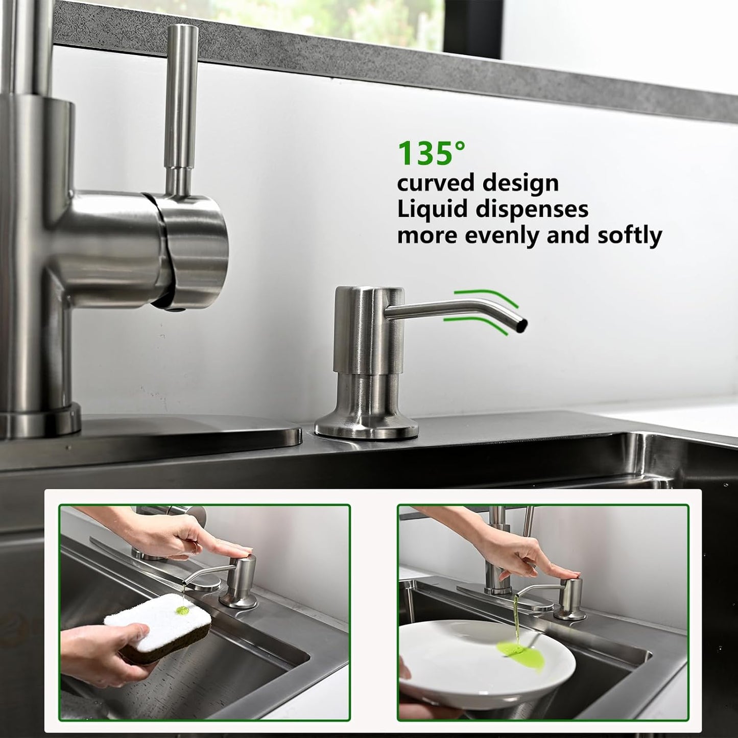 Built in Soap Dispenser for Kitchen Sink, Stainless Steel Brushed Nickel Countertop Pump Head, Dish Soap Hand Lotion Dispenser with Refillable 16.9oz Bottle